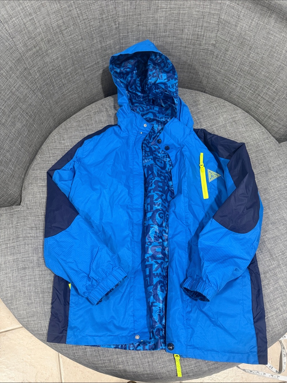 Kids Blue Hooded Rain Jacket with Neon Zip Accent Double sides